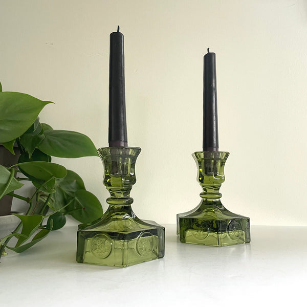 Green Glass Candleholders | Pair