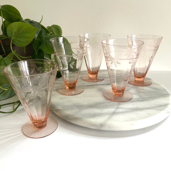 Vintage Set Of Five Frosted Satin Two-Tone Glass Footed Parfait Tumblers