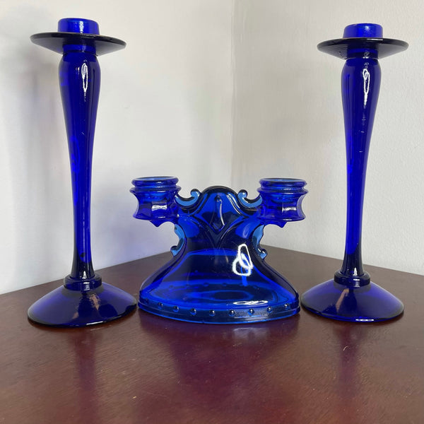 Blue Glass Candle Holders | 3 Piece Set